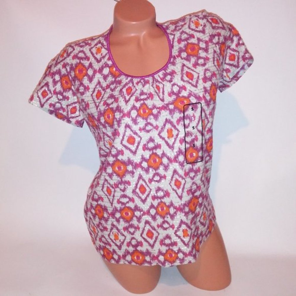 Jaclyn‎ Smith Blouse Womens Small Pink Orange Tribal Textured Short Sleeve Scoop